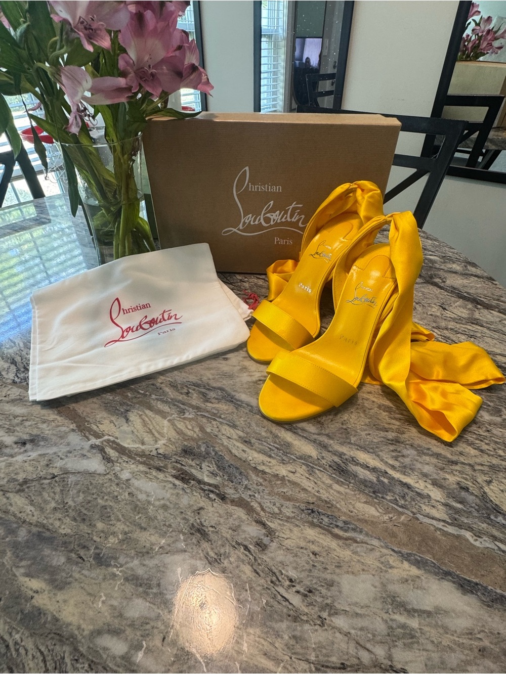Christian Louboutin Yellow Satin Wrap-Tie Stiletto Sandals